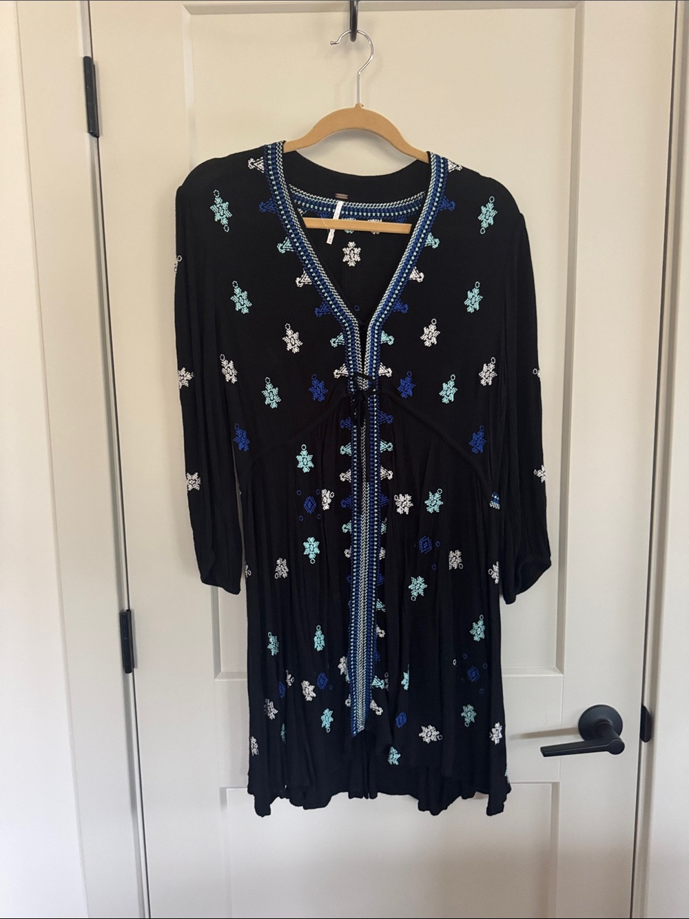 Free People Black Embroidered Boho Mini Dress with Blue & Teal Accents